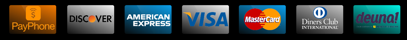 Logos tarjetas Payphone, Discover, American Express, Visa, Master Card, Diners Club, App DeUna!